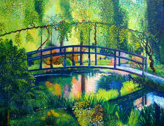 Toile pointilliste-fauve, Giverny, le vieux pont japonais