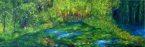 toile pointilliste-fauve, , pont japonais, reflets, douceur