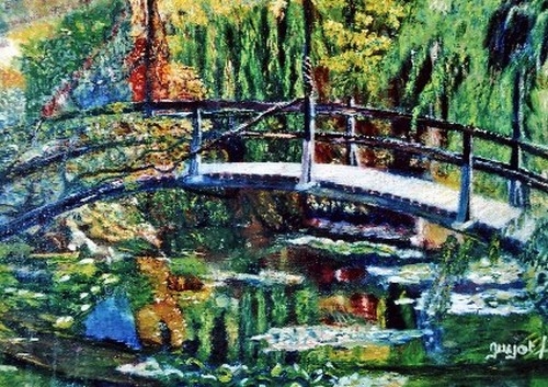toile pointilliste-fauve, pont japonais, la nature dans toute sa splendeur