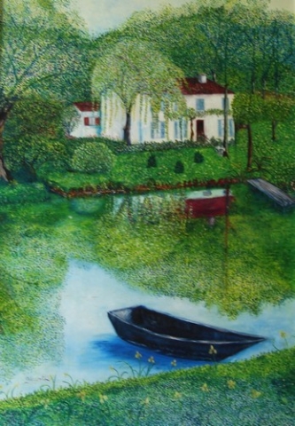 Peinture pointilliste-fauve, douceur et sérénité, la maison aux volets bleus