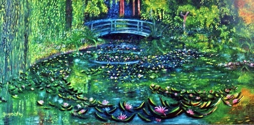 Peinture pointilliste-fauve, reflets, nénuphars en fleurs, méditations