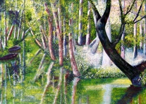 Toile pointilliste-fauve, miroir, des frondaisons dans l'eau