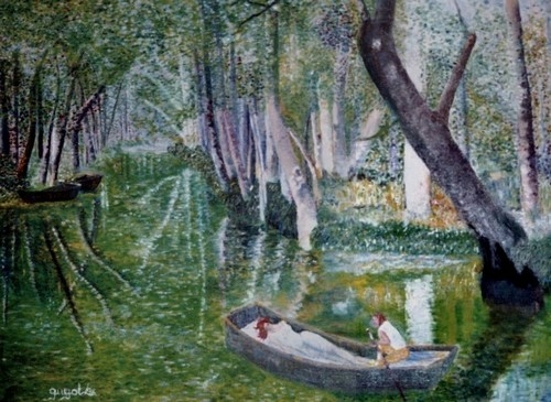 Toile pointilliste-fauve, au file l'eau, qui reflète la canopée luxuriante